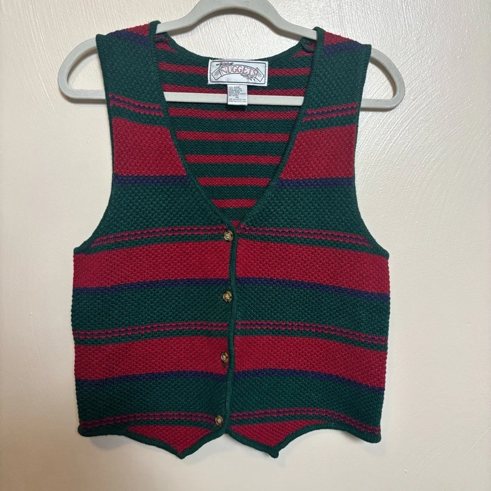 Vintage Nuggets Women’s Sweater Vest Button Down Red Green Stripe Holiday Medium